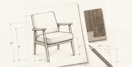 Sketch of a lounge chair on a dimensioned blueprint with a wood sample, pencil, and an upload icon