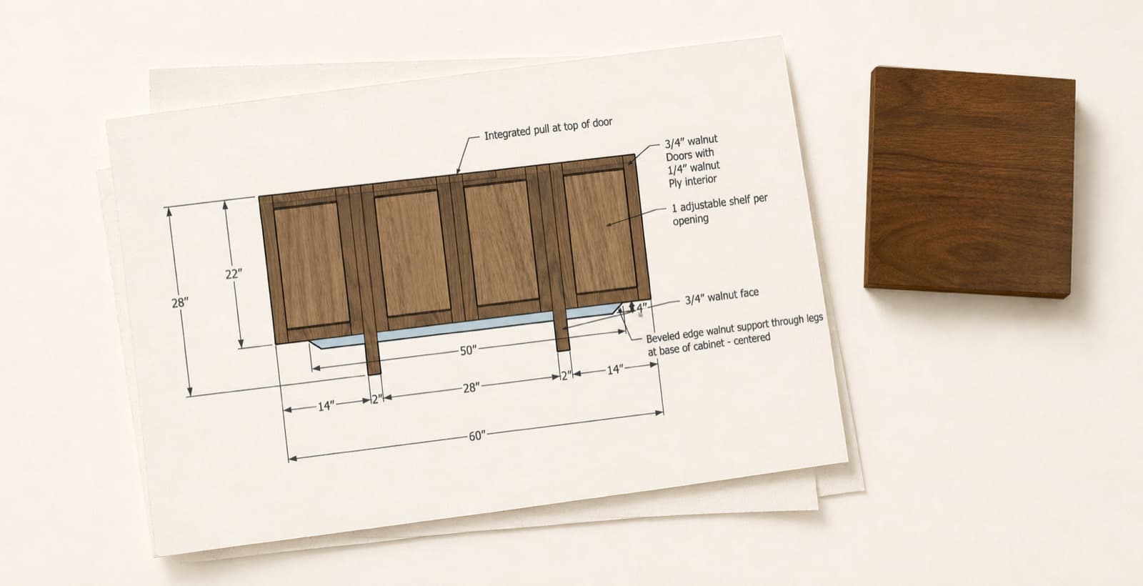A dimensioned shop drawing of a four-door walnut credenza on layered cream paper, with a solid walnut sample block beside it