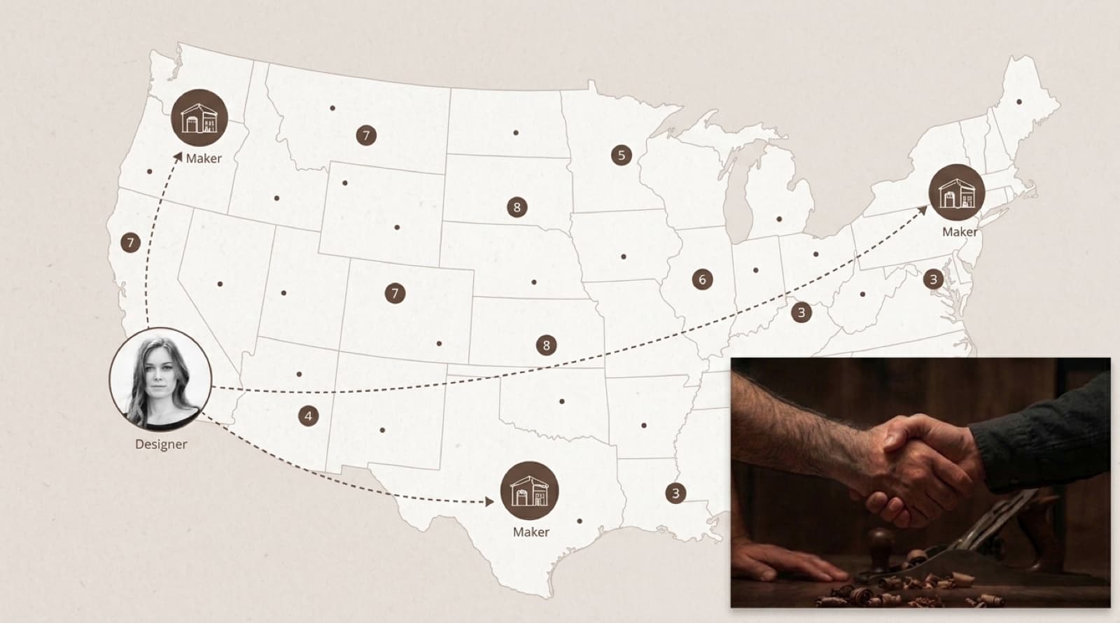 A map of the United States linking a designer on the West Coast to maker workshops in the Pacific Northwest, Texas and New England, with an inset photograph of two people shaking hands over a workbench