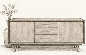 Sketch of a finished credenza with a delivery truck and a checkmark