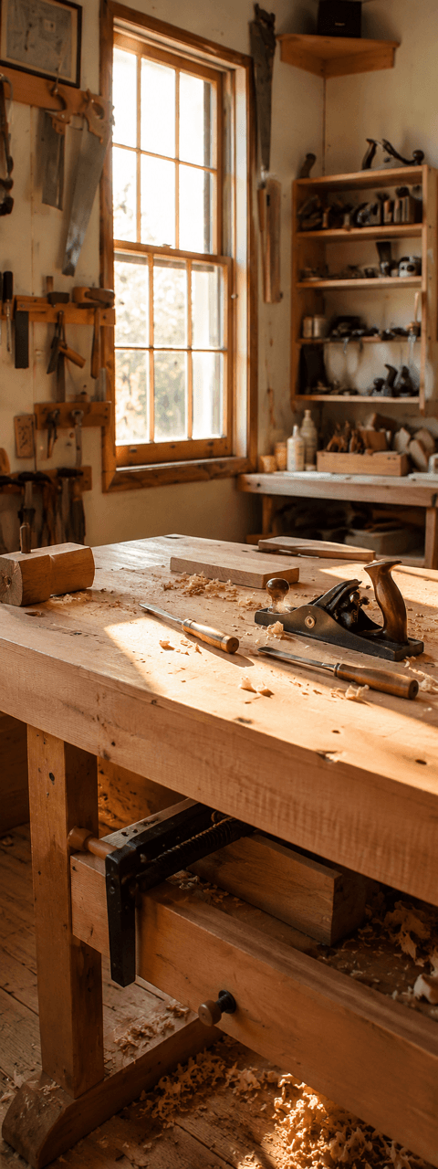 A maker at the workbench in the woodshop