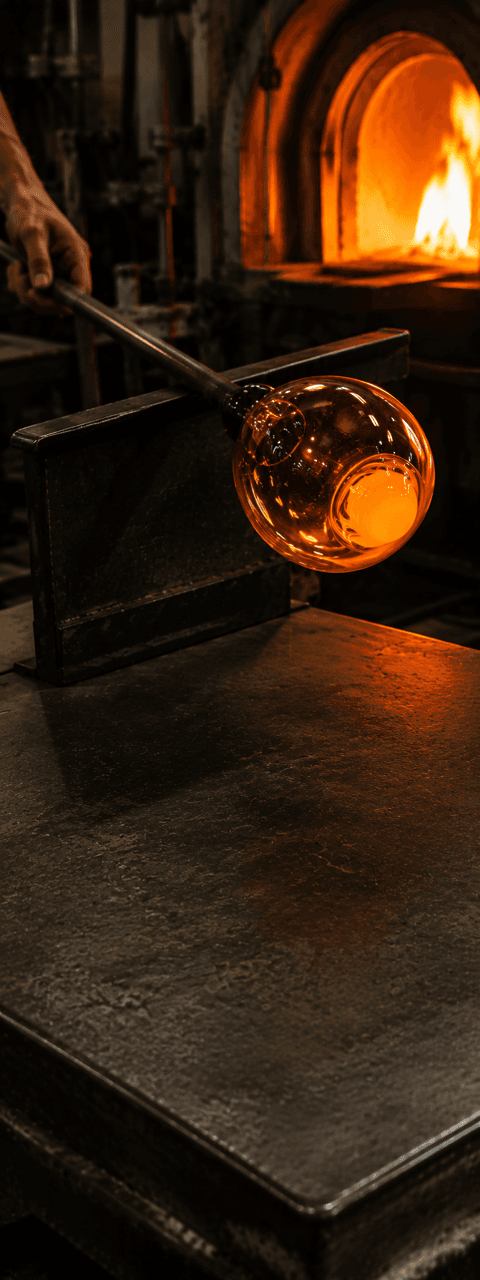 A glassblower shaping molten glass at the furnace