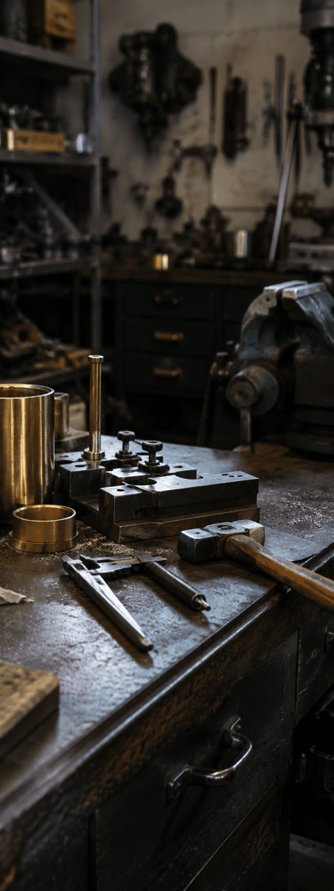 A metalworker at the bench in the fabrication shop